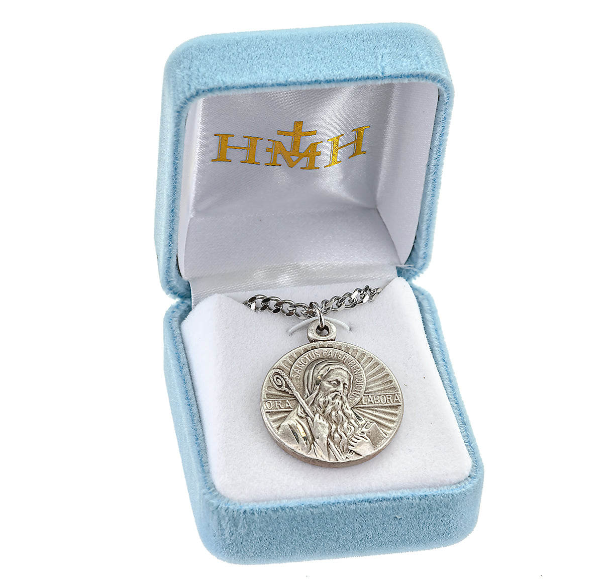 Saint Benedict Protection Round Sterling Silver Medal Pendant with Chain