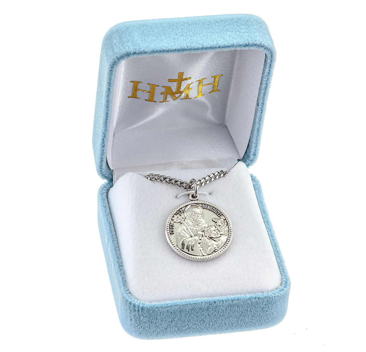 Saint Benedict Protection Round Sterling Silver Medal Pendant with Chain