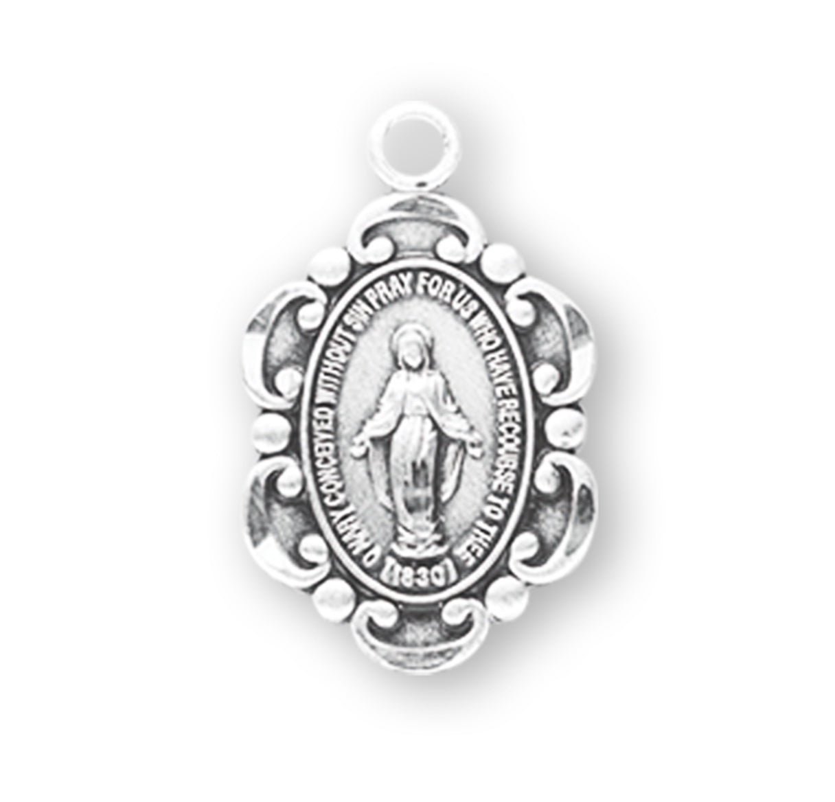 Sterling Silver Oval Fancy Edge Miraculous Medal Pendant with Chain