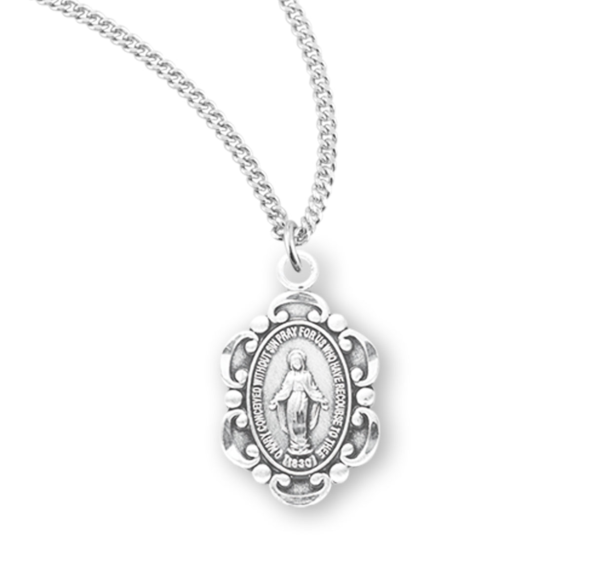 Sterling Silver Oval Fancy Edge Miraculous Medal Pendant with Chain