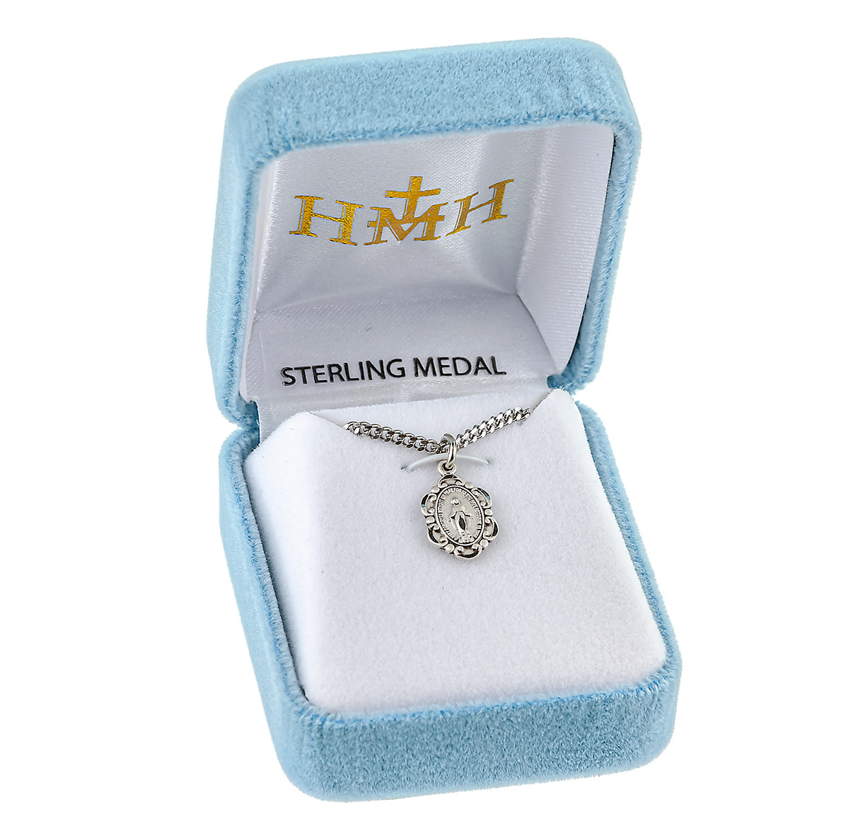 Sterling Silver Oval Fancy Edge Miraculous Medal Pendant with Chain