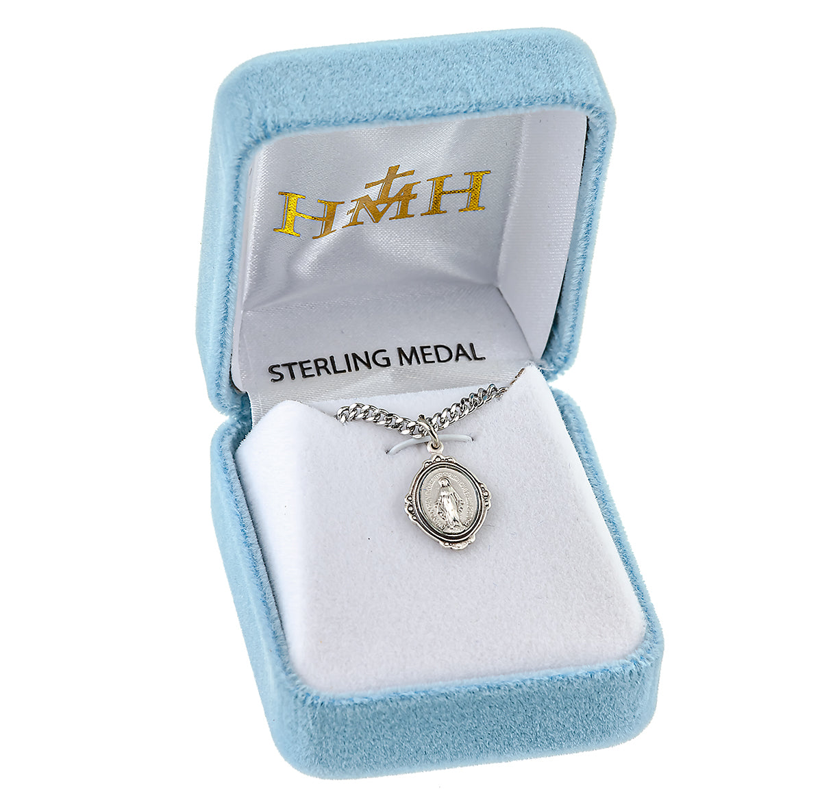 Sterling Silver Oval Fancy Edge Miraculous Medal Pendant with Chain