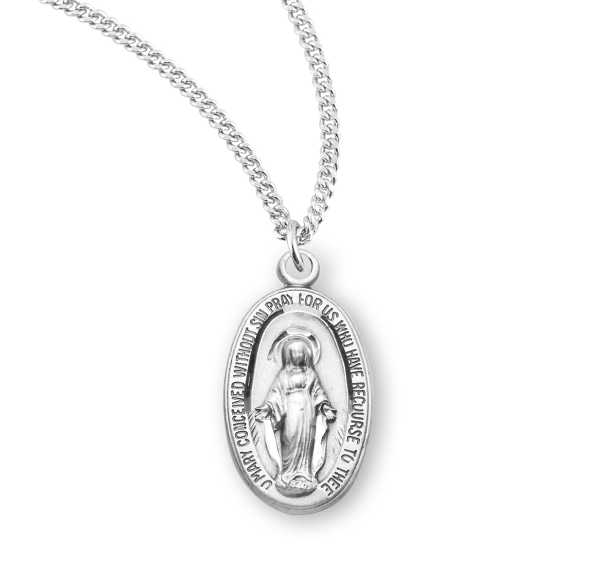 Sterling Silver Oval Miraculous Medal Pendant with Chain