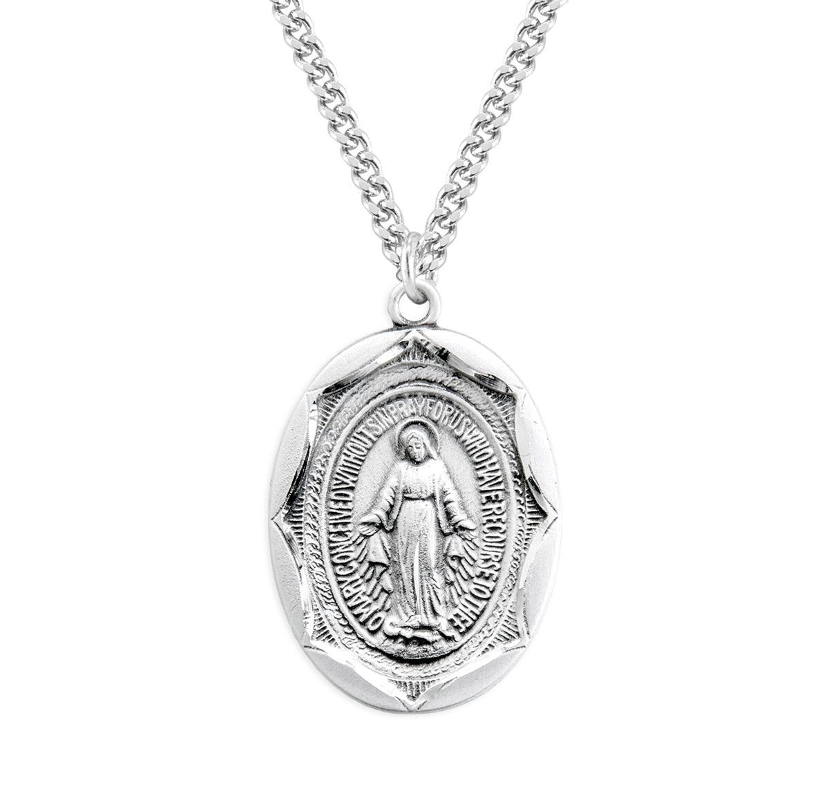 Sterling Silver Oval Miraculous Medal Pendant with Chain