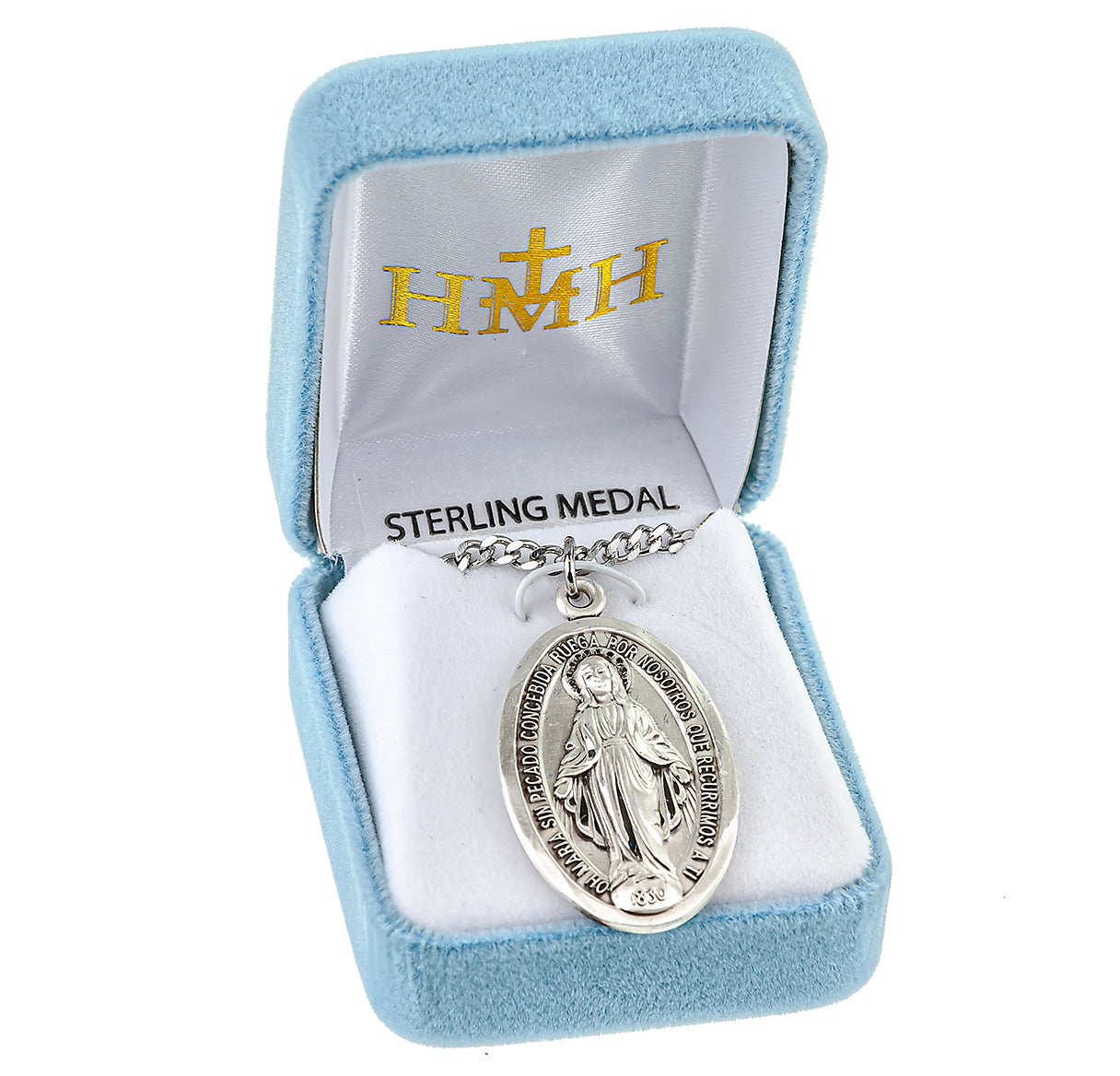 Sterling Silver Spanish Oval Miraculous Medal Pendant with Chain