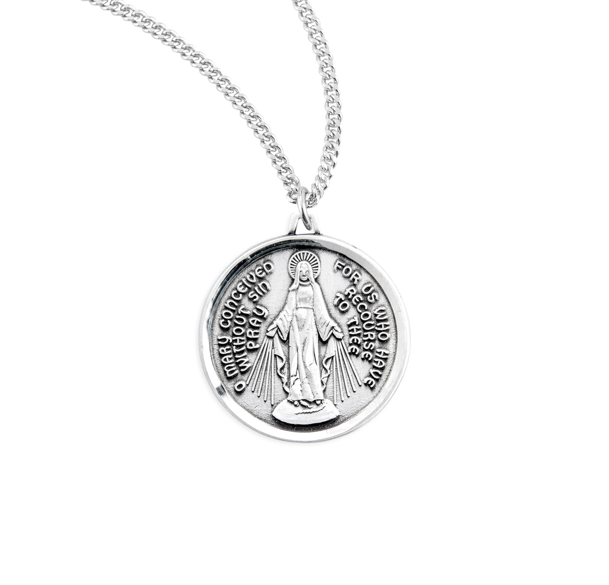 Sterling Silver Round Contemporary Miraculous Medal Pendant with Chain