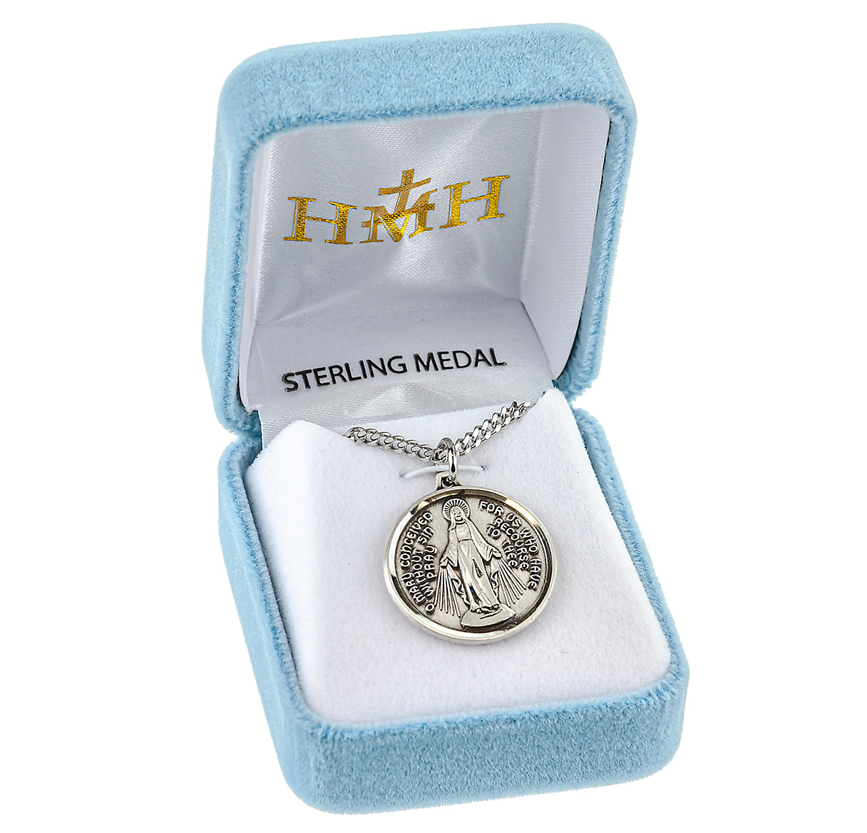 Sterling Silver Round Contemporary Miraculous Medal Pendant with Chain