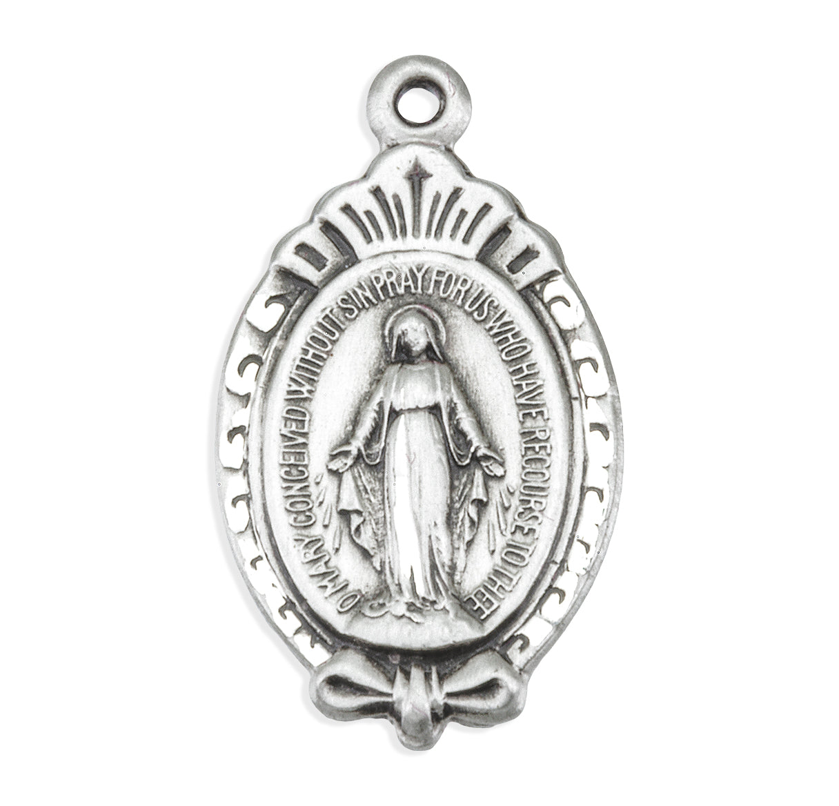 Sterling Silver Miraculous Medal Pendant with Chain with a Scroll Border