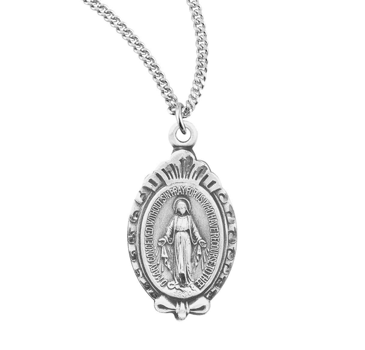 Sterling Silver Miraculous Medal Pendant with Chain with a Scroll Border