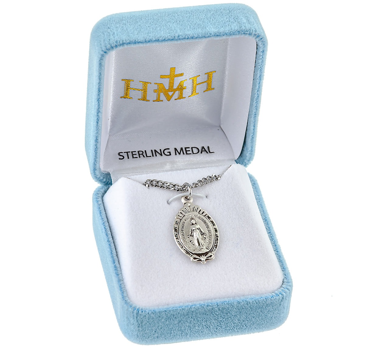 Sterling Silver Miraculous Medal Pendant with Chain with a Scroll Border