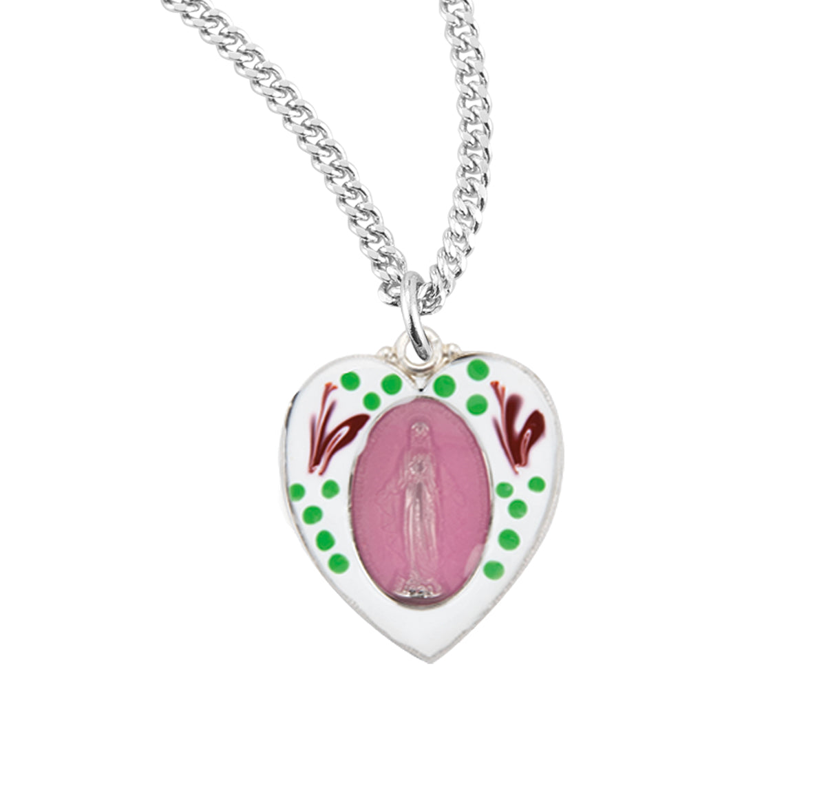Sterling Silver Flower Enameled Heart Shape Miraculous Medal Pendant with Chain
