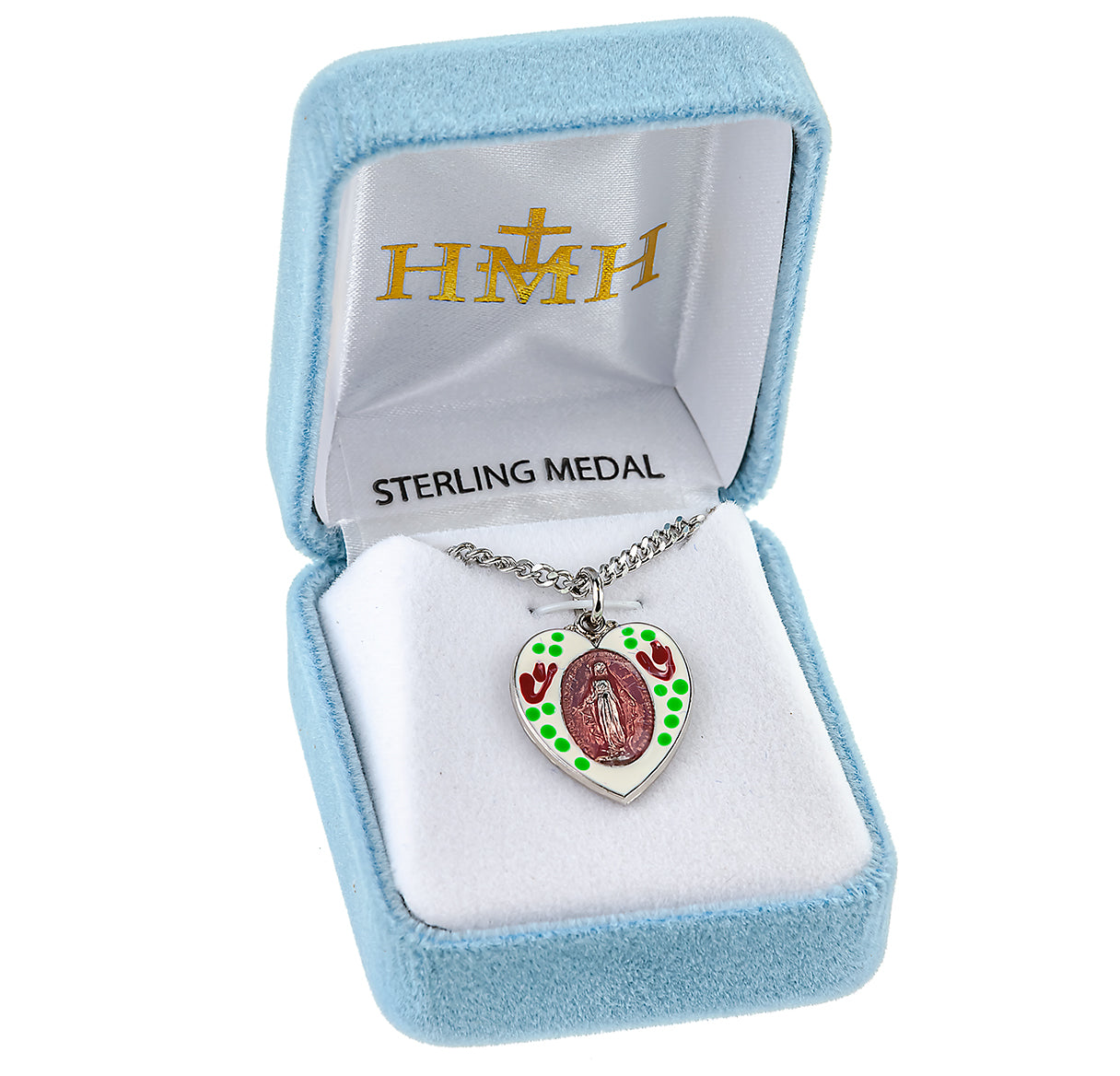 Sterling Silver Flower Enameled Heart Shape Miraculous Medal Pendant with Chain