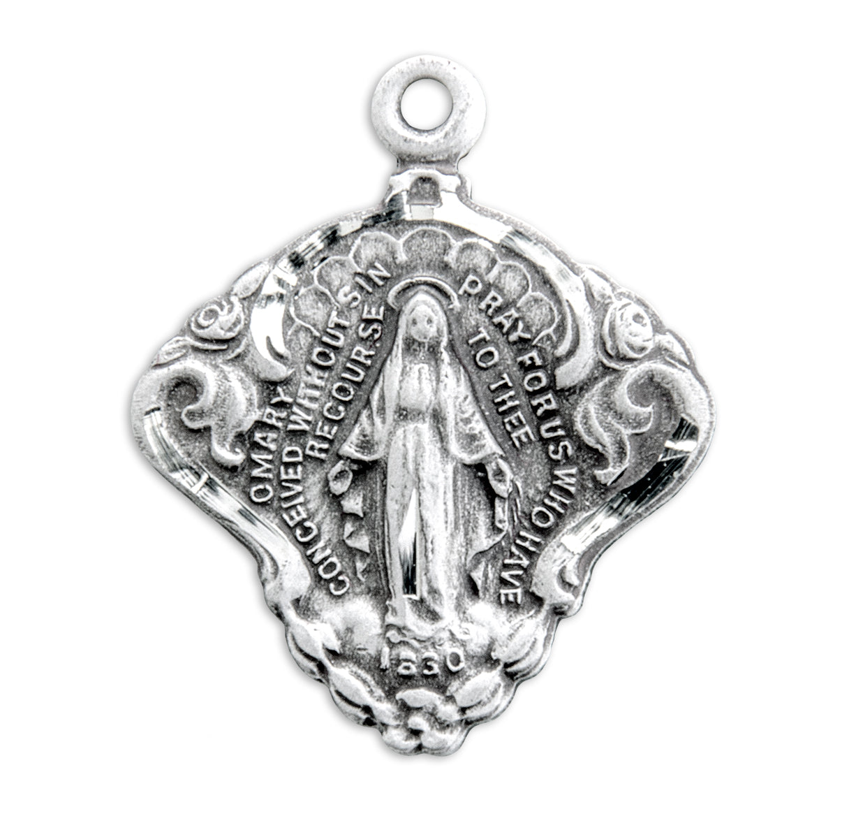 Sterling Silver Miraculous Medal Pendant with Chain with Baroque Scrolling Border