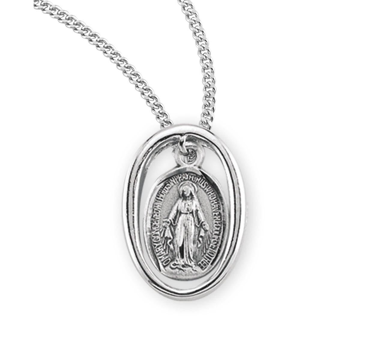 Sterling Silver Oval Miraculous Medal Pendant with Chain
