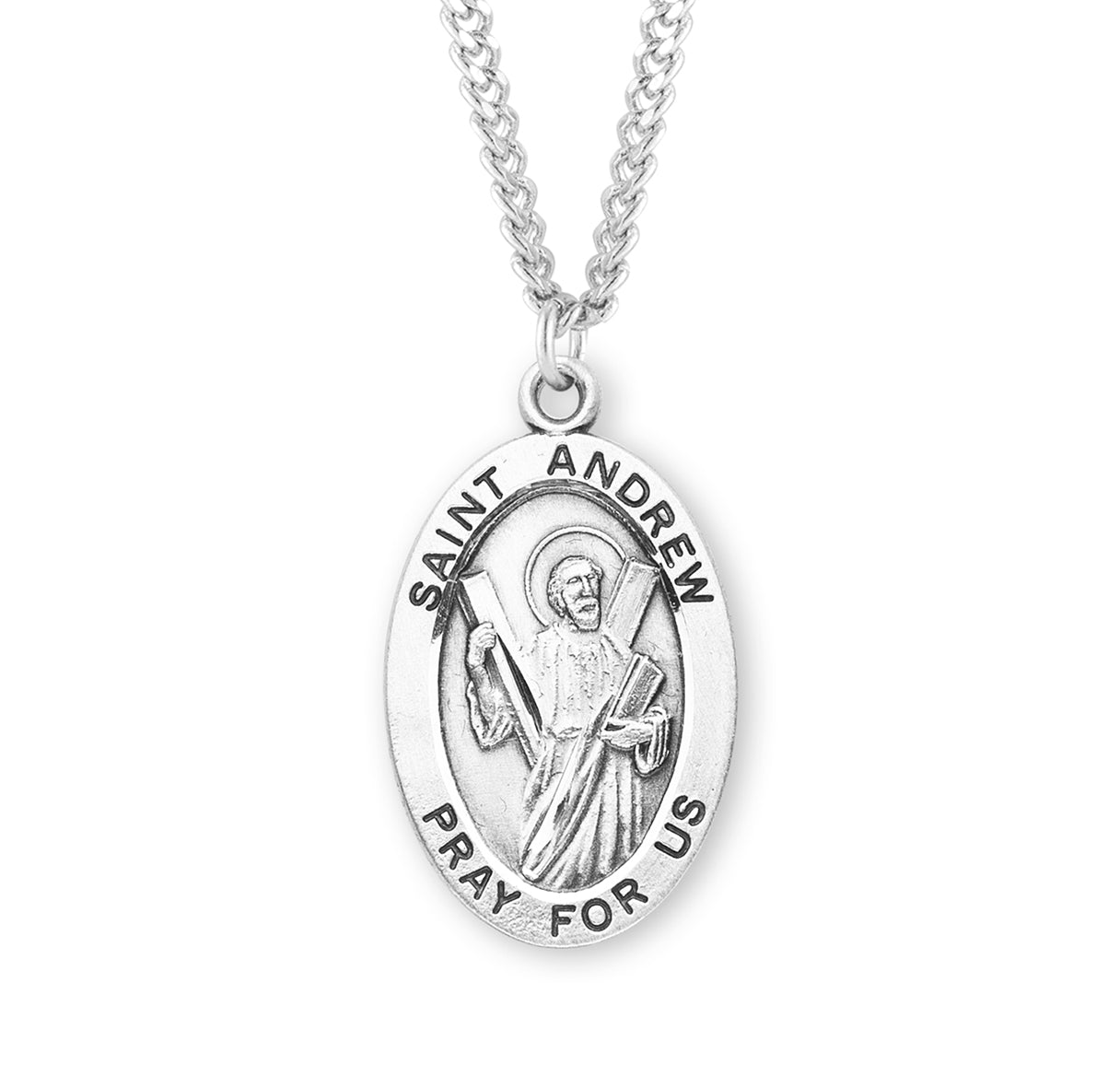 Patron Saint Andrew Oval Sterling Silver Medal Pendant with Chain