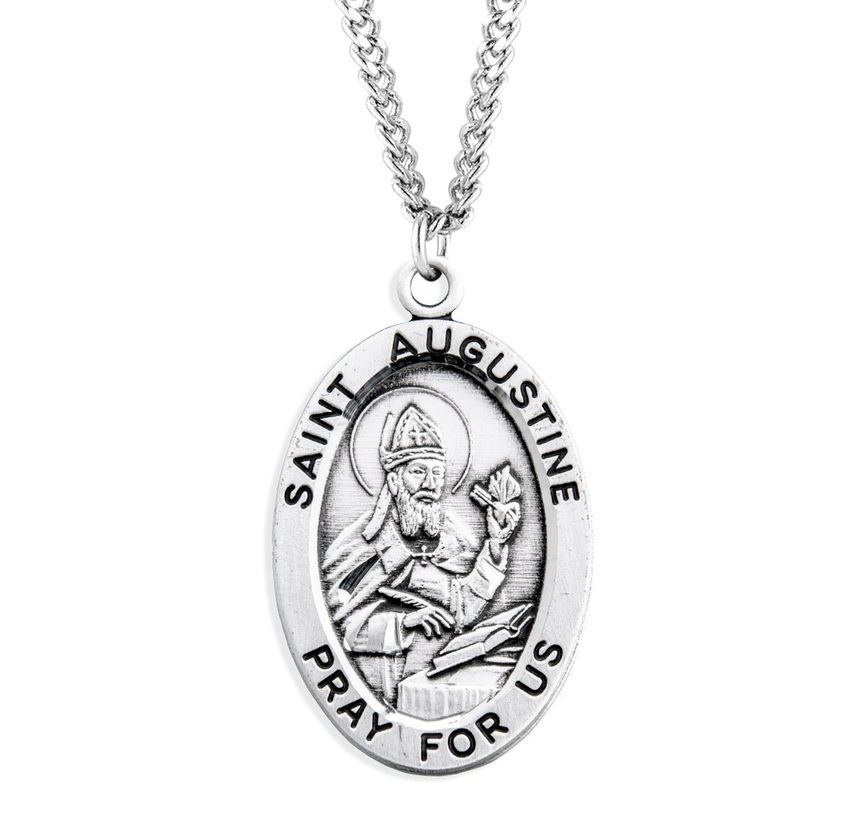 Patron Saint Augustine Oval Sterling Silver Medal Pendant with Chain