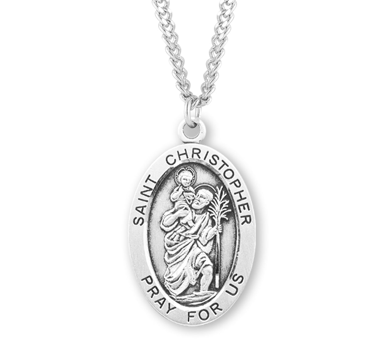Patron Saint Christopher Oval Sterling Silver Medal Pendant with Chain