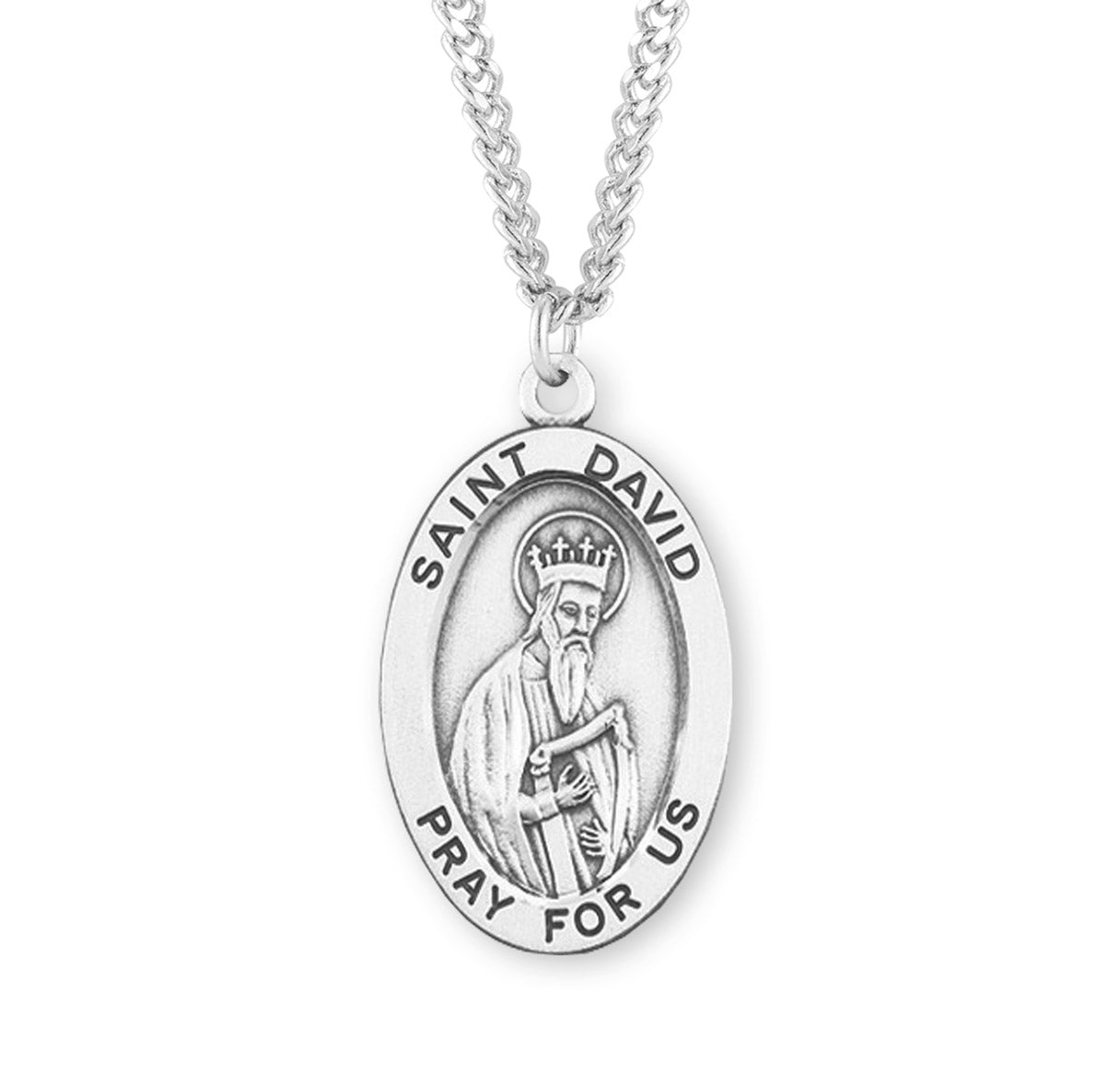Patron Saint David Oval Sterling Silver Medal Pendant with Chain