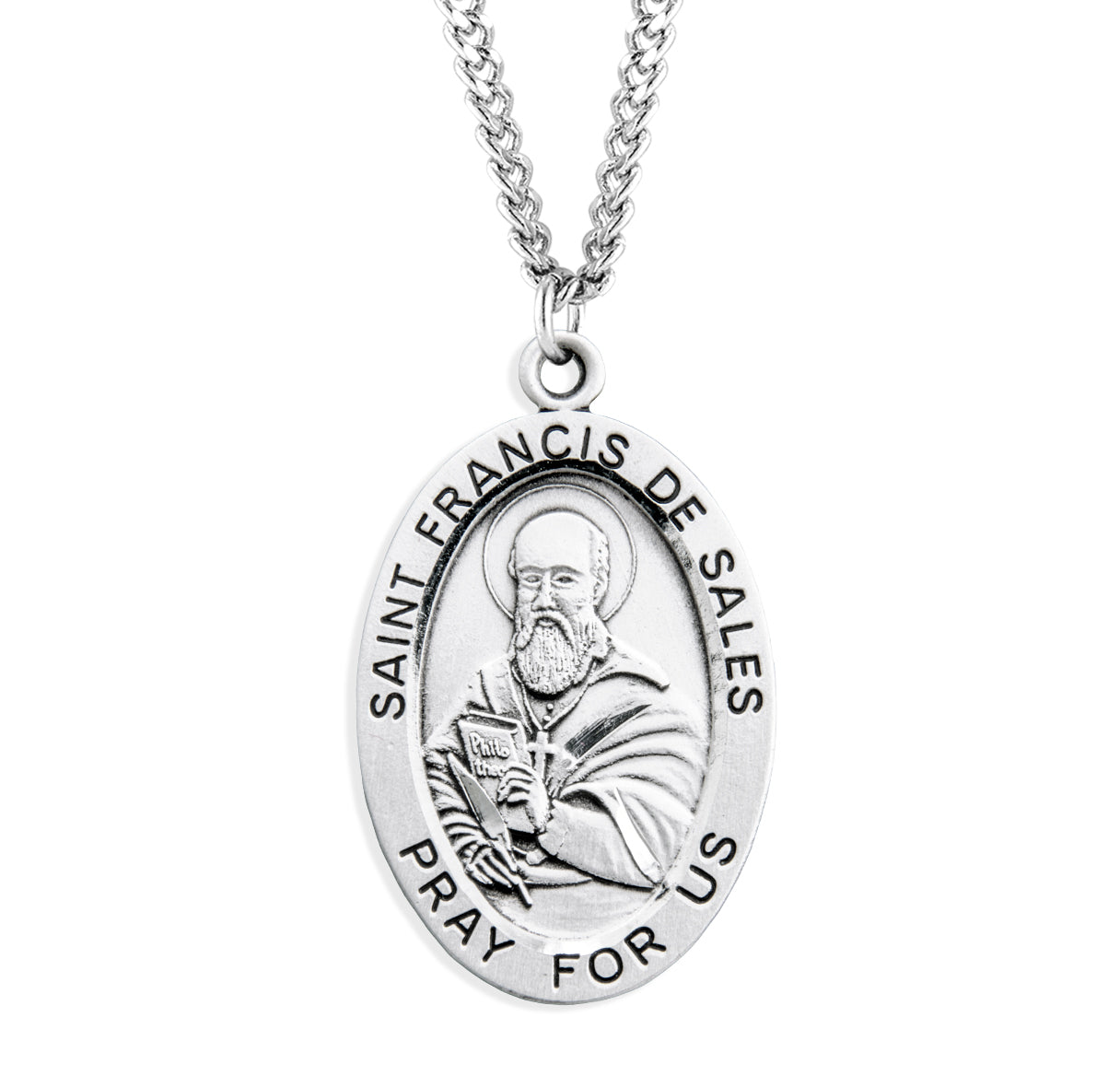 Patron Saint Francis De Sales Oval Sterling Silver Medal Pendant with Chain