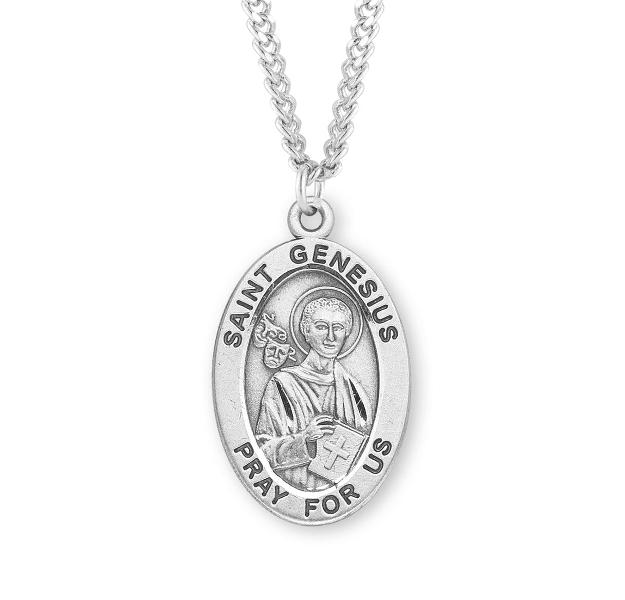 Patron Saint Genesius Oval Sterling Silver Medal Pendant with Chain