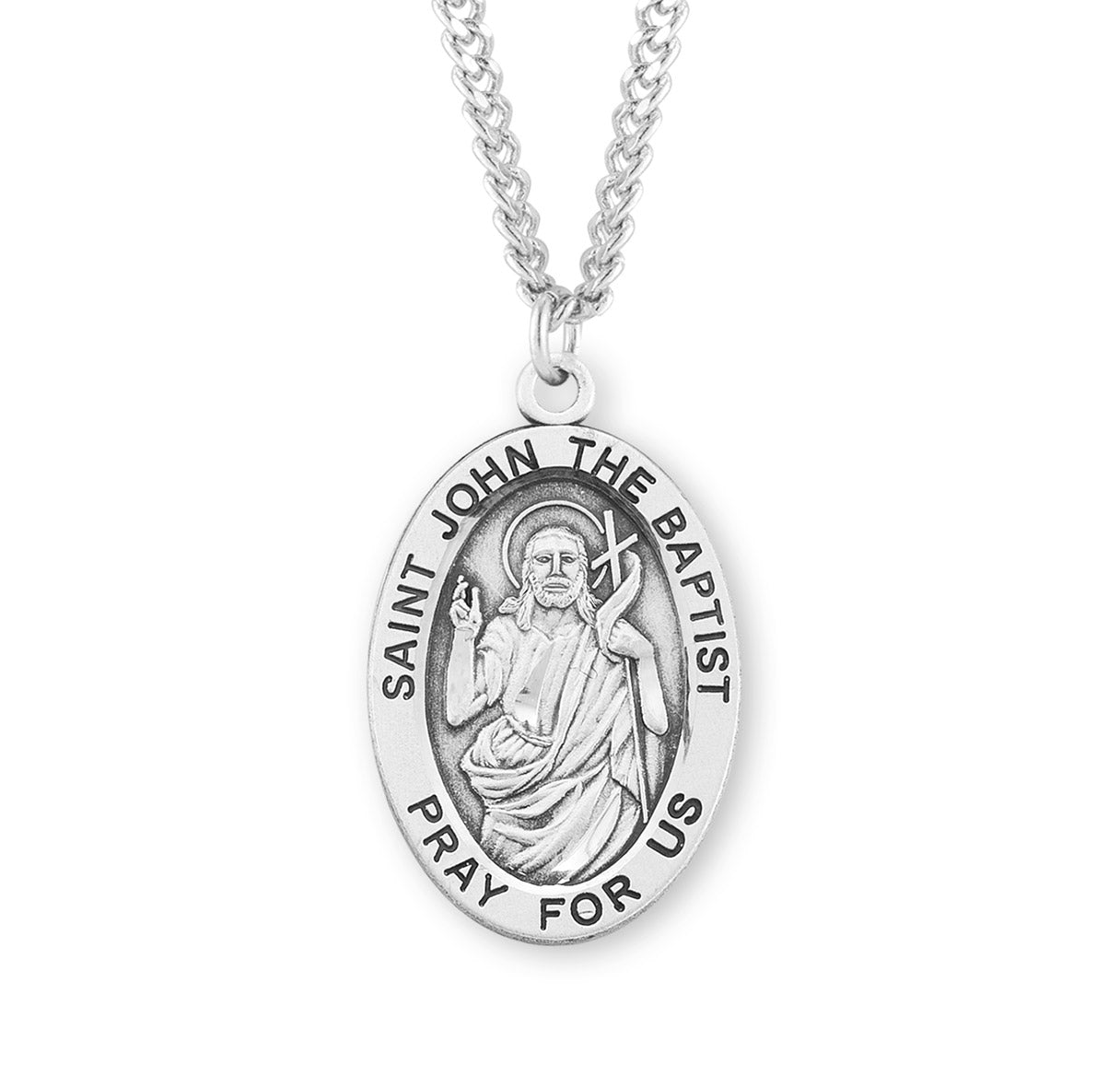 Patron Saint John the Baptist Oval Sterling Silver Medal Pendant with Chain