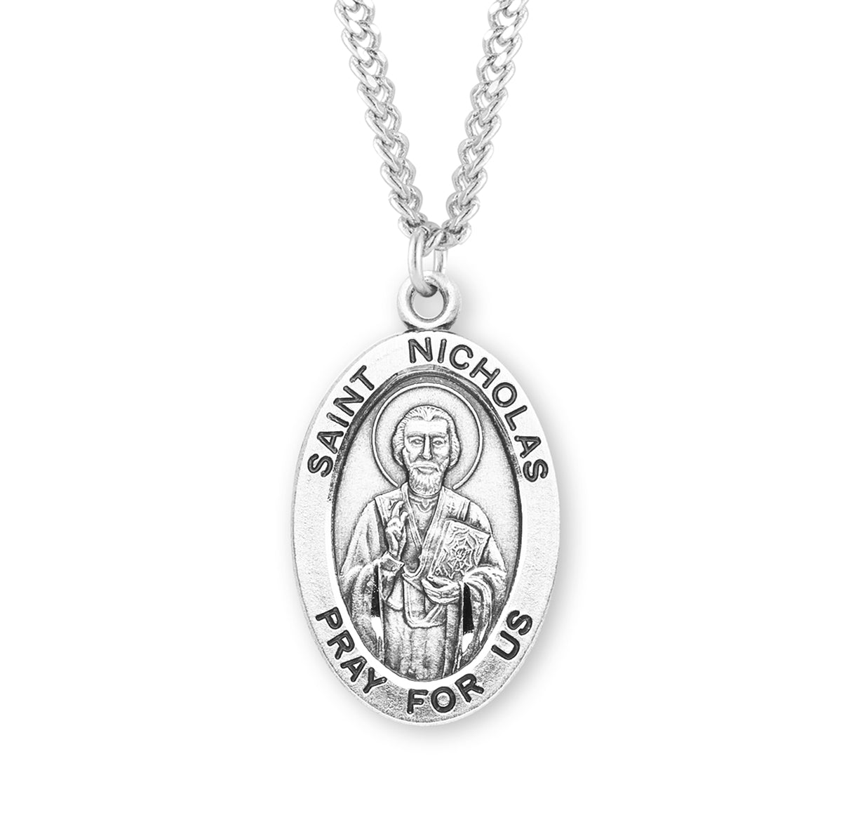 Patron Saint Nicholas Oval Sterling Silver Medal Pendant with Chain