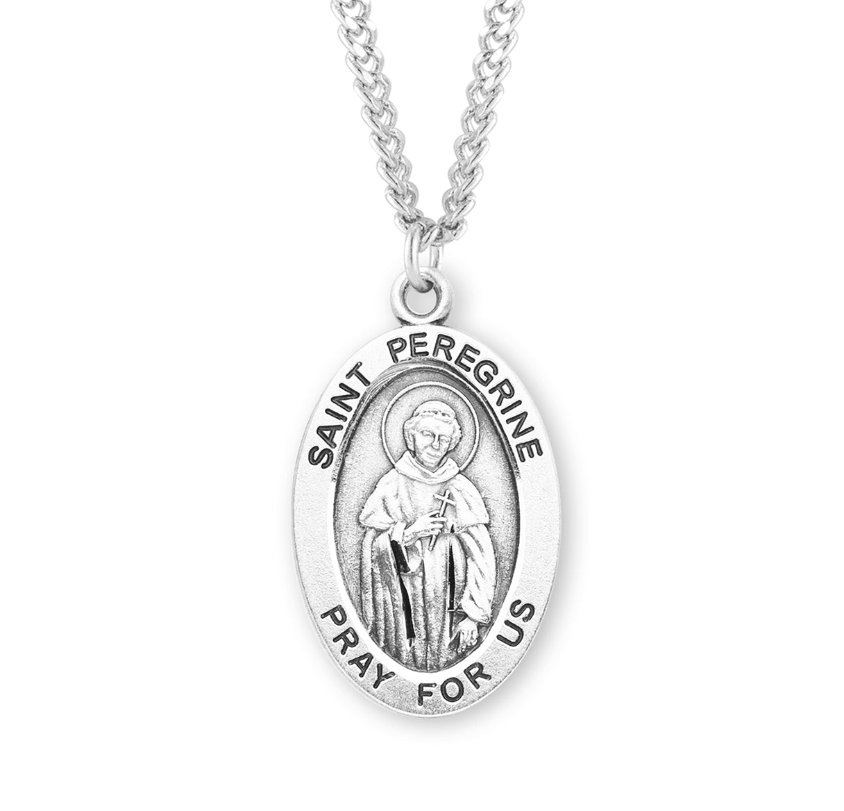 Patron Saint Peregrine Oval Sterling Silver Medal Pendant with Chain