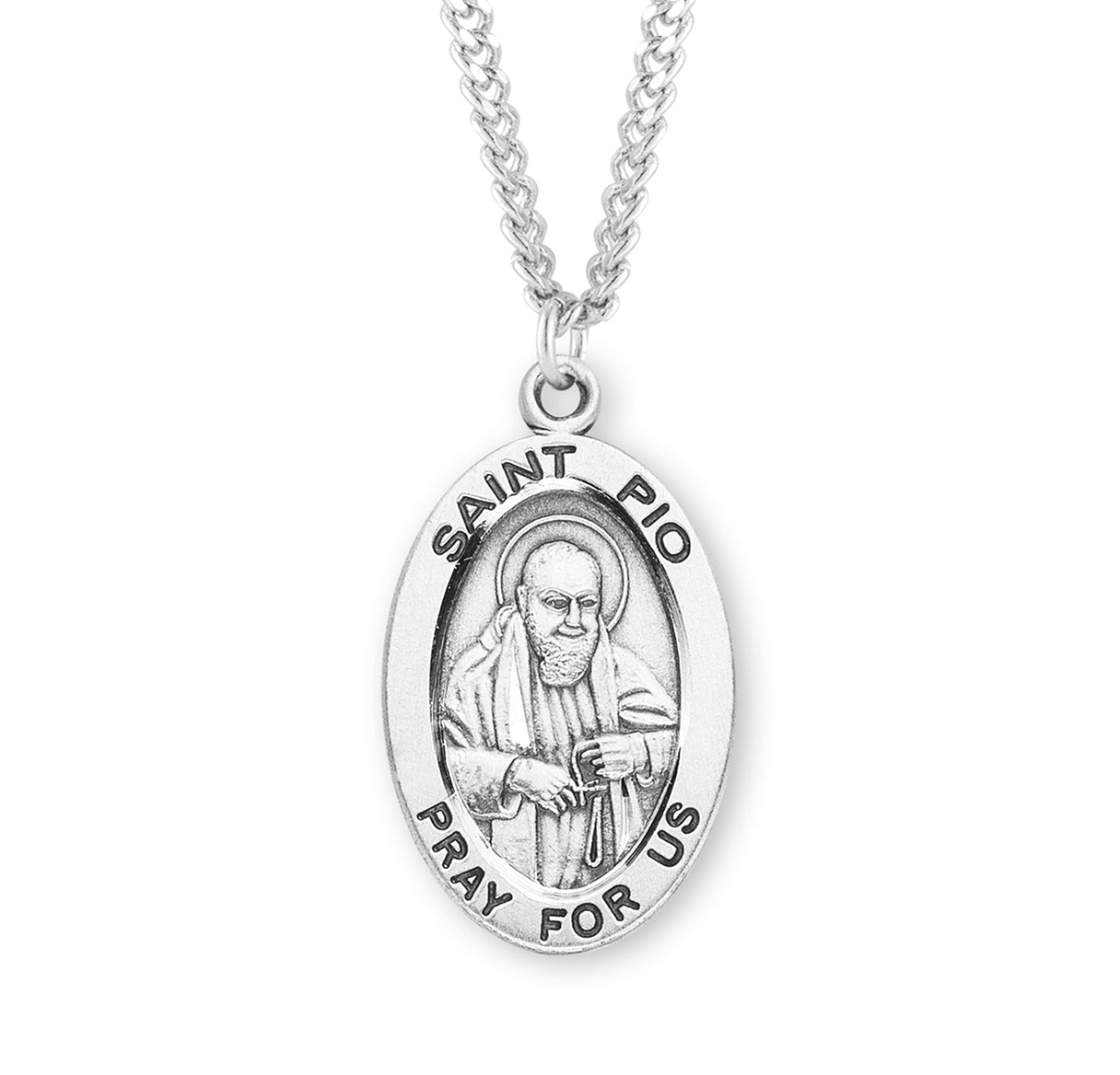 Patron Saint Padre Pio Oval Sterling Silver Medal Pendant with Chain