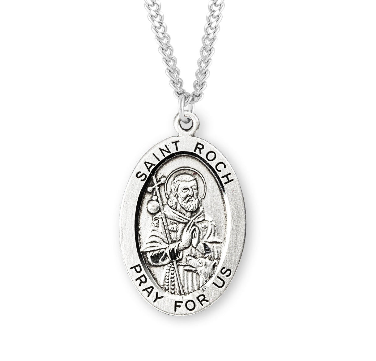 Patron Saint Roch Oval Sterling Silver Medal Pendant with Chain