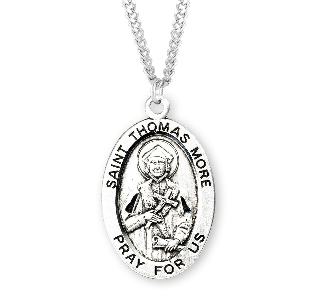Patron Saint Thomas More Oval Sterling Silver Medal Pendant with Chain