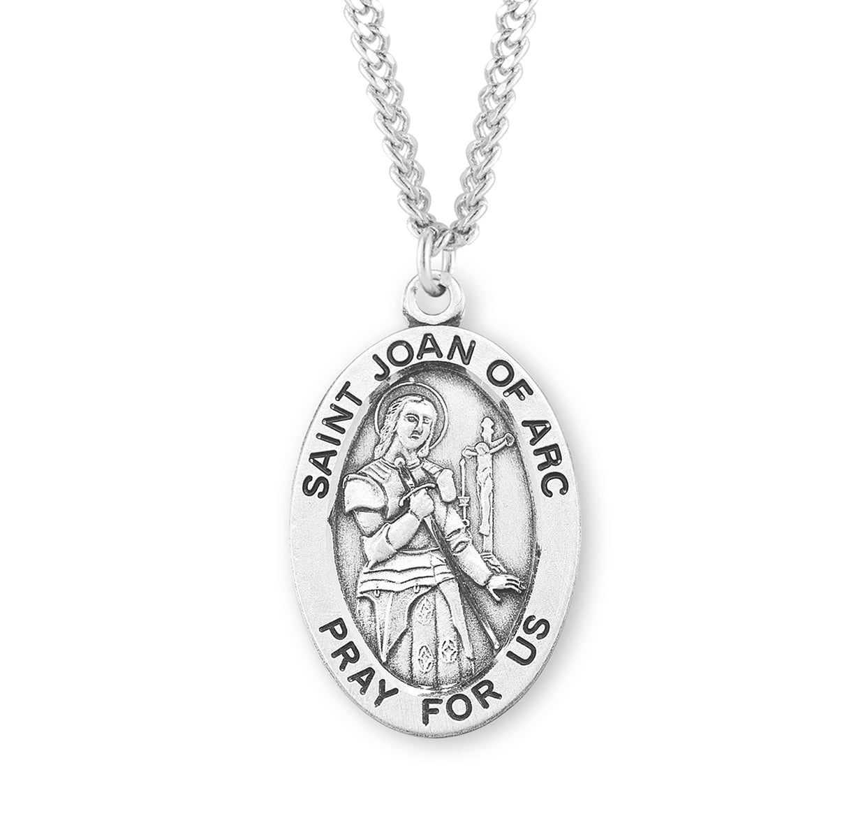 Patron Saint Joan of Arc Oval Sterling Silver Medal Pendant with Chain