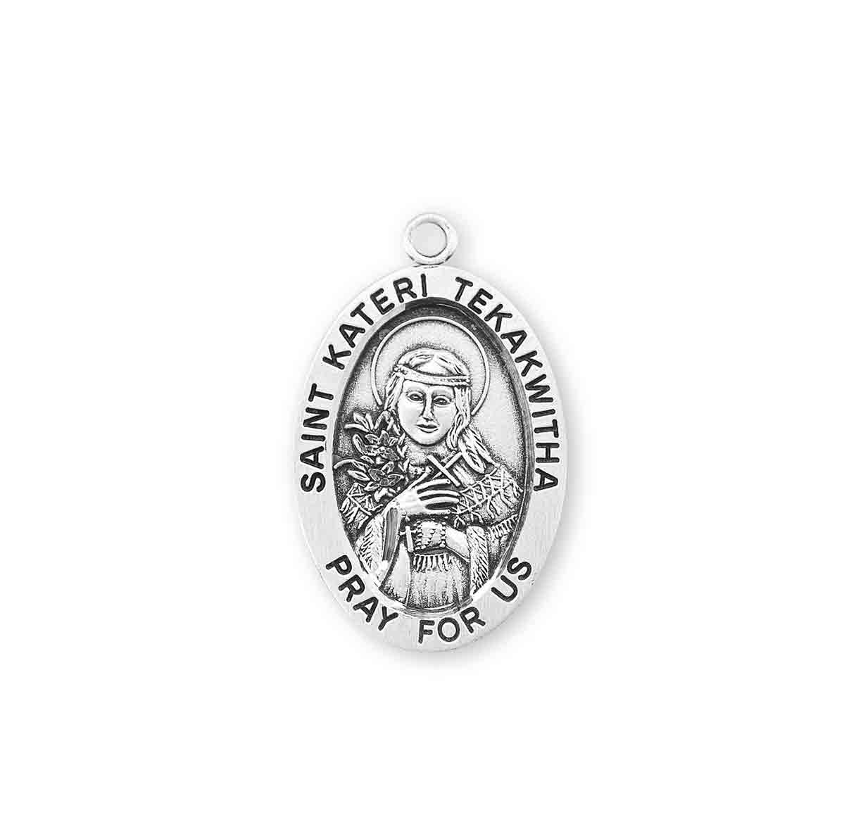 Patron Saint Kateri Tekakwitha Oval Sterling Silver Medal Pendant with Chain