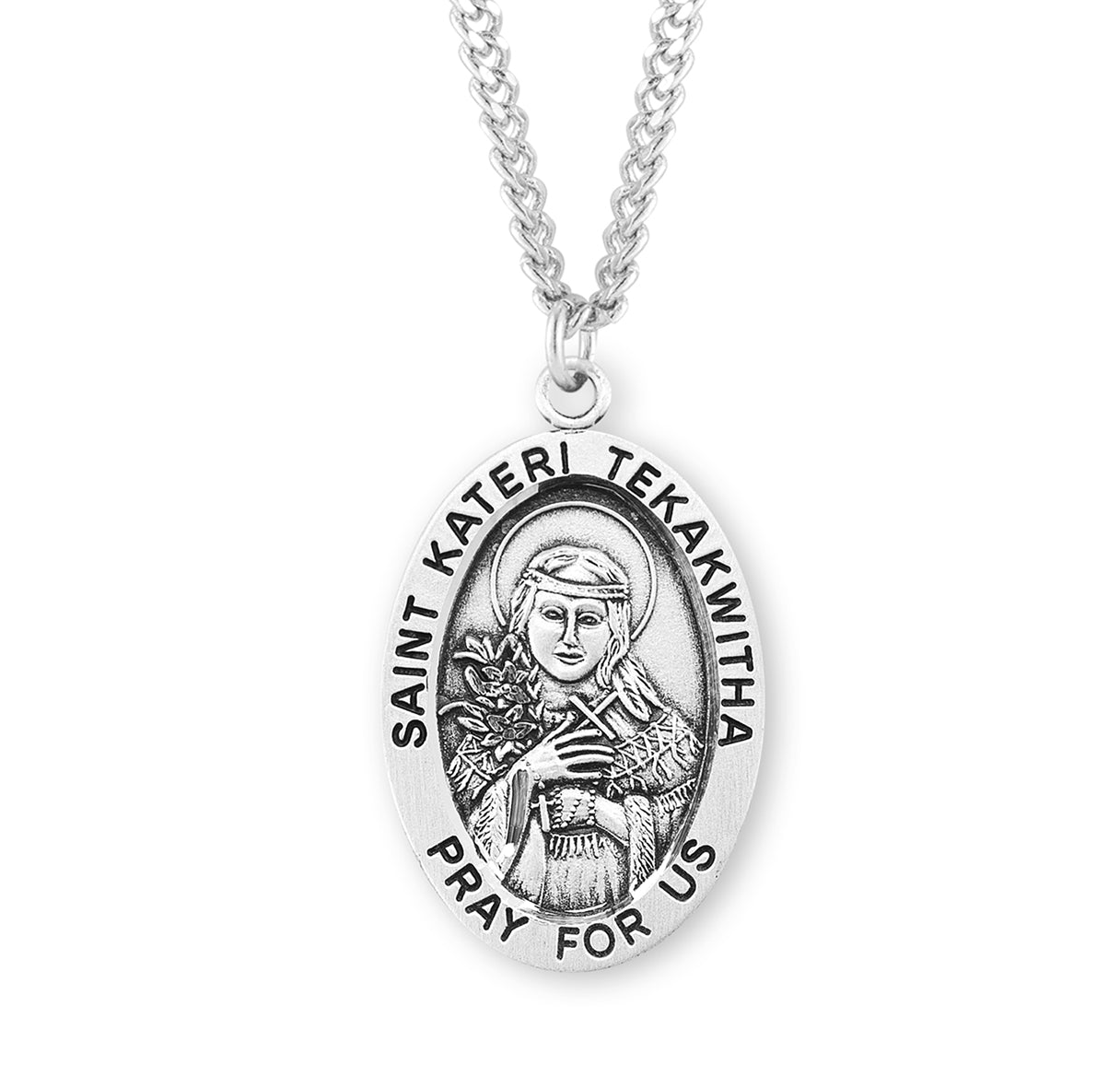 Patron Saint Kateri Tekakwitha Oval Sterling Silver Medal Pendant with Chain