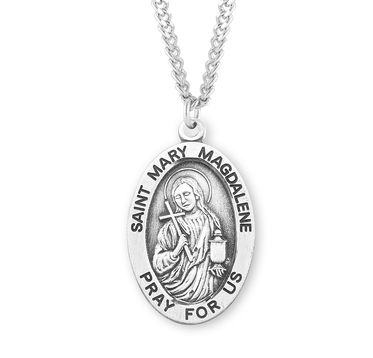 Patron Saint Mary Magdalene Oval Sterling Silver Medal Pendant with Chain