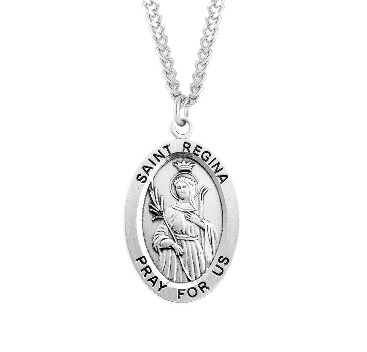 Patron Saint Regina Oval Sterling Silver Medal Pendant with Chain