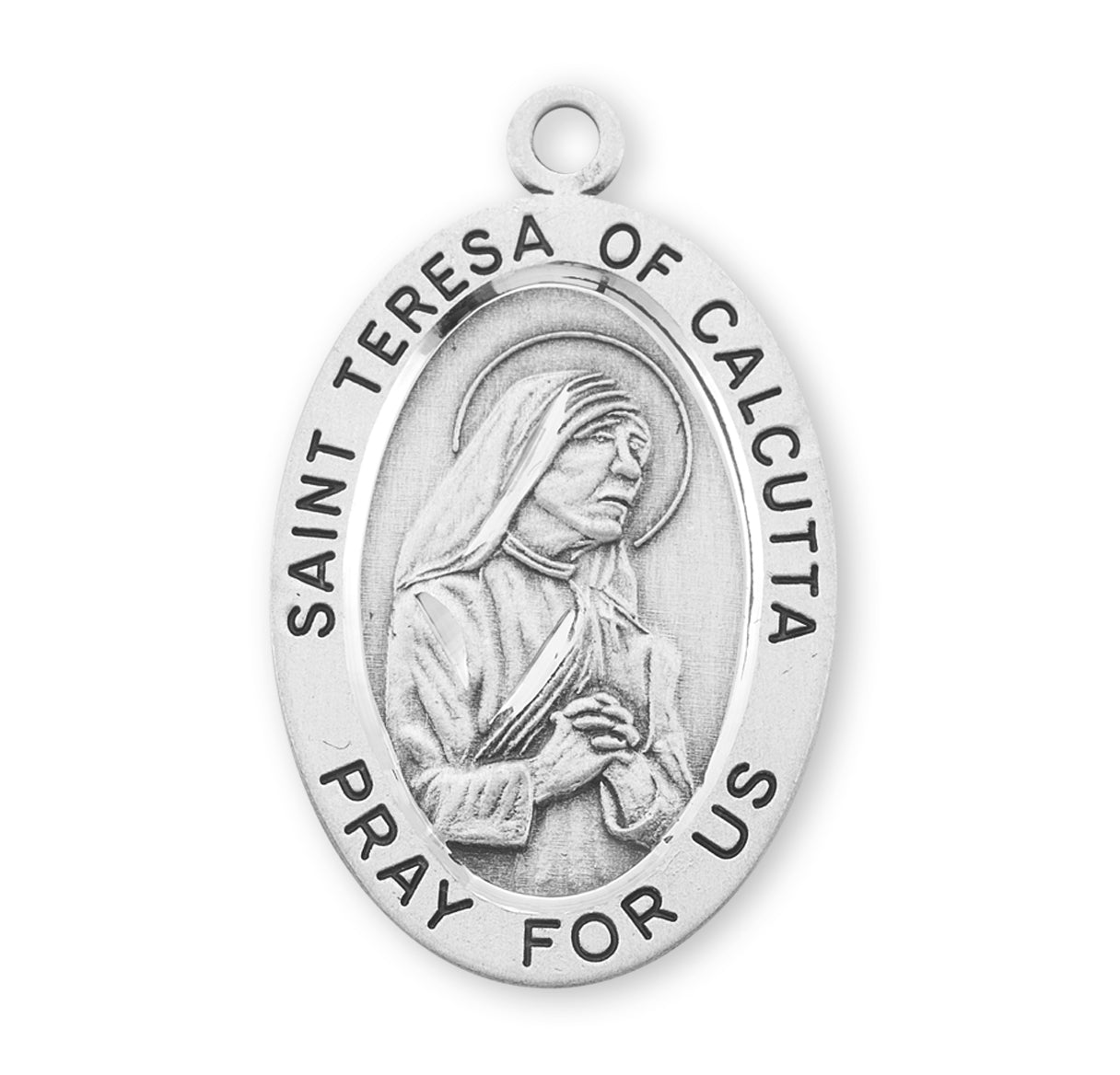 Patron Saint Teresa of Calcutta Oval Sterling Silver Medal Pendant with Chain