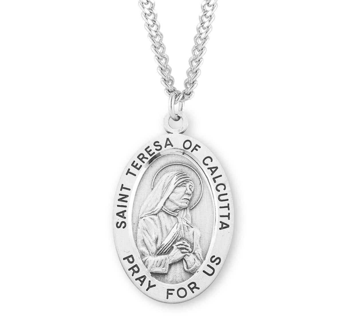 Patron Saint Teresa of Calcutta Oval Sterling Silver Medal Pendant with Chain