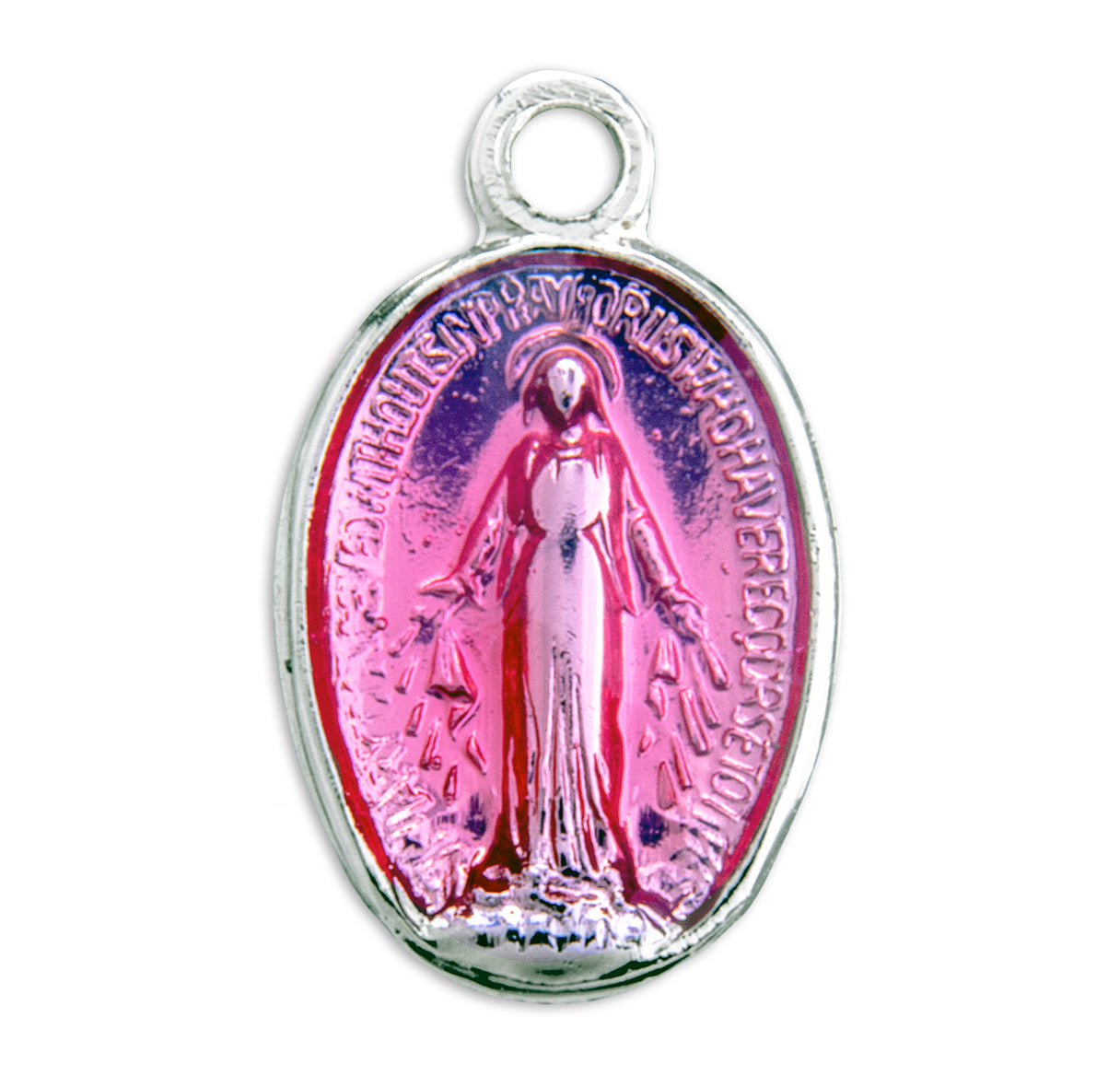 Sterling Silver Oval Pink Enameled Miraculous Medal Pendant with Chain