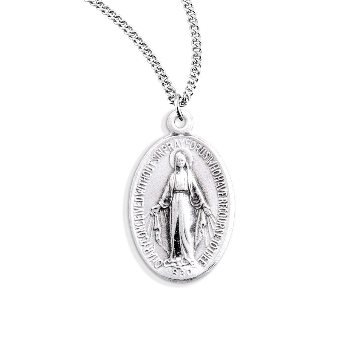 Sterling Silver Oval Miraculous Medal Pendant with Chain