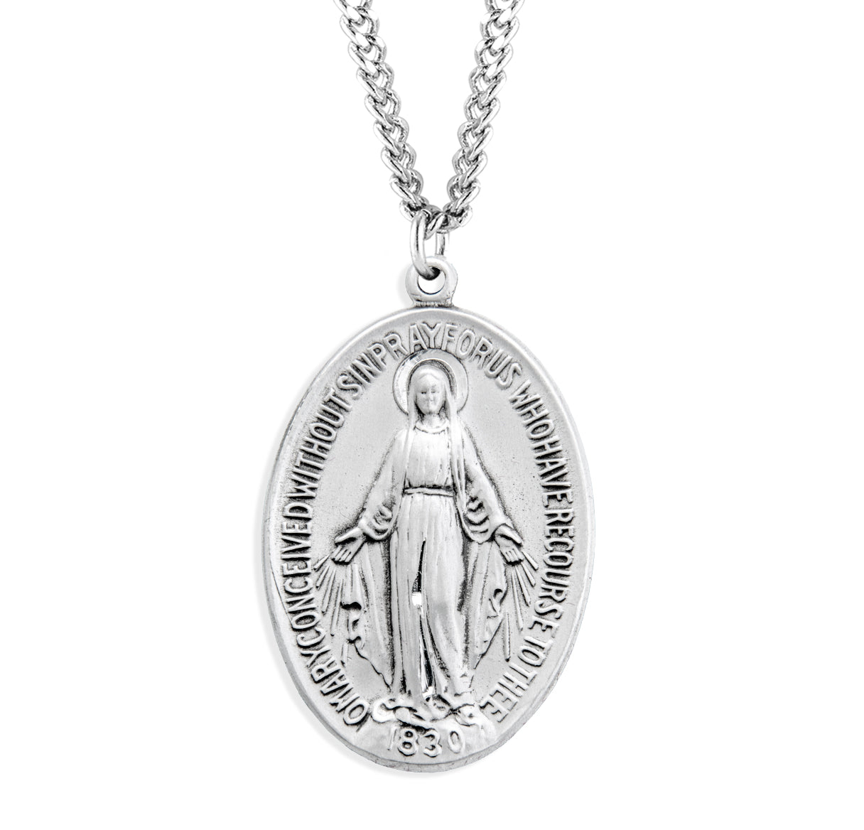 Sterling Silver Oval Miraculous Medal Pendant with Chain