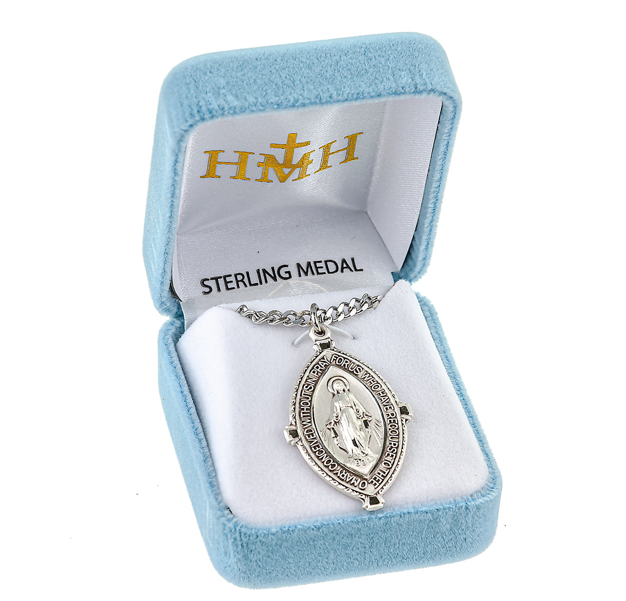 Sterling Silver Double Pointed Oval Miraculous Medal Pendant with Chain