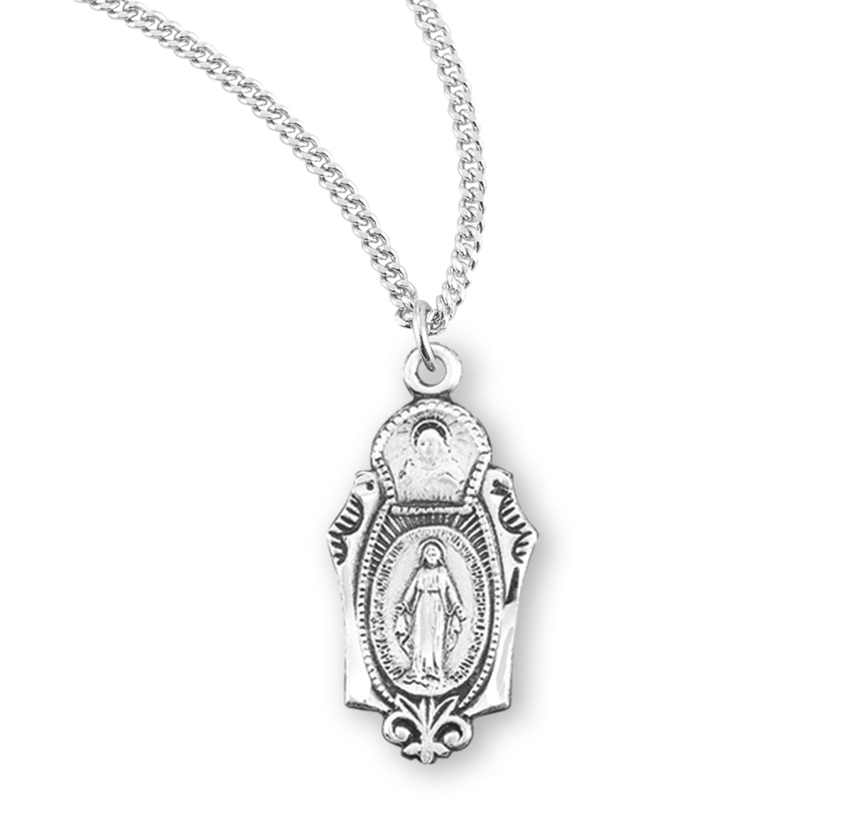 Sterling Silver Miraculous Medal Pendant with Chain Scapular Combination