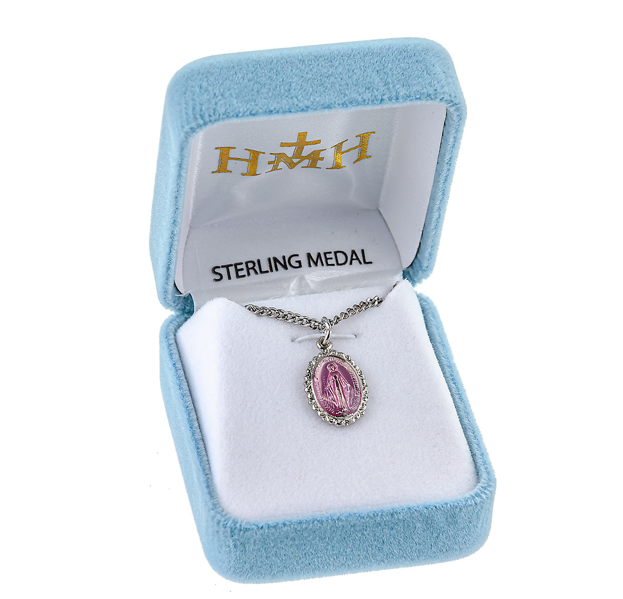 Sterling Silver Oval Pink Enameled Miraculous Medal Pendant with Chain