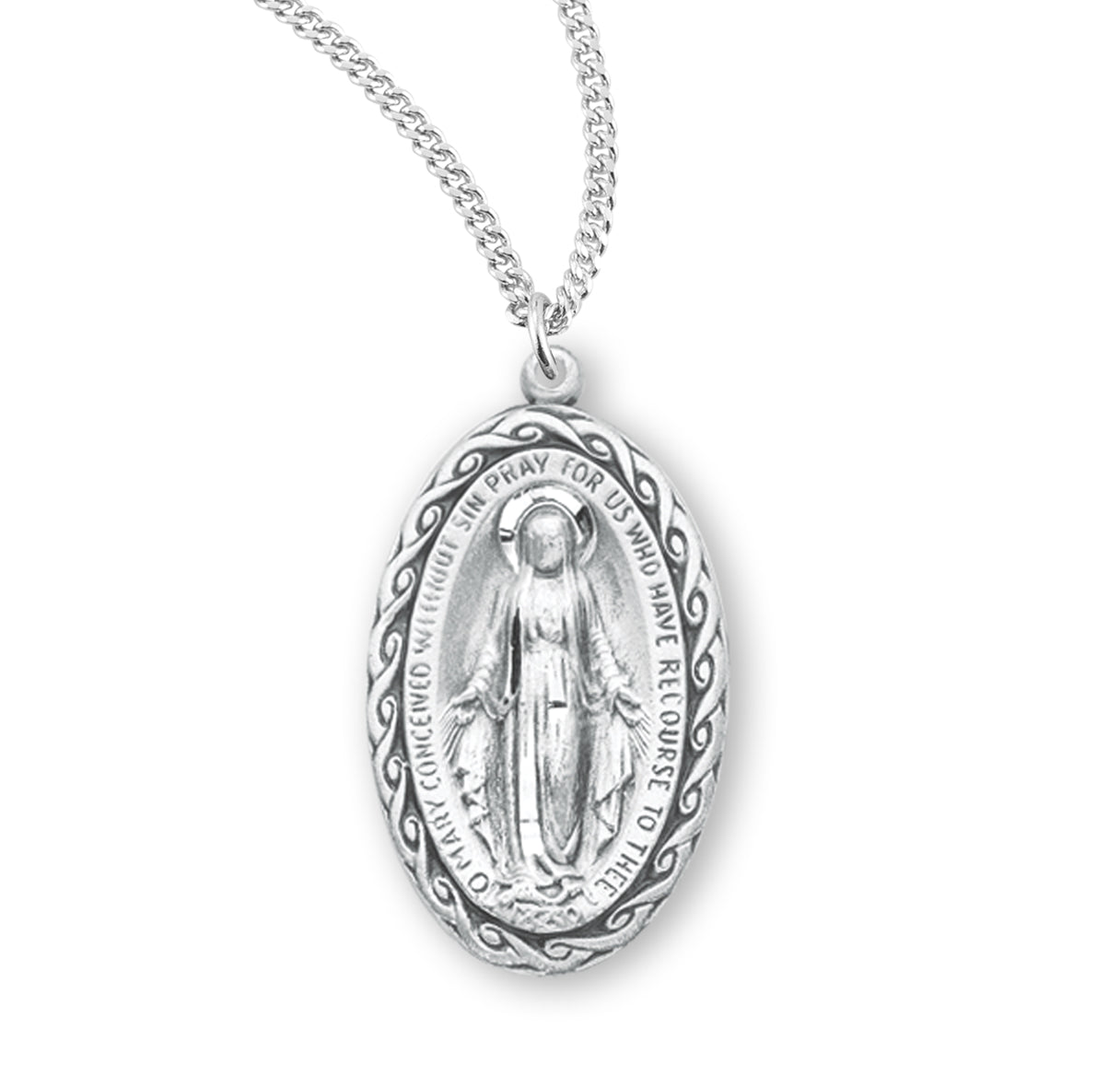 Sterling Silver Oval Miraculous Medal Pendant with Chain