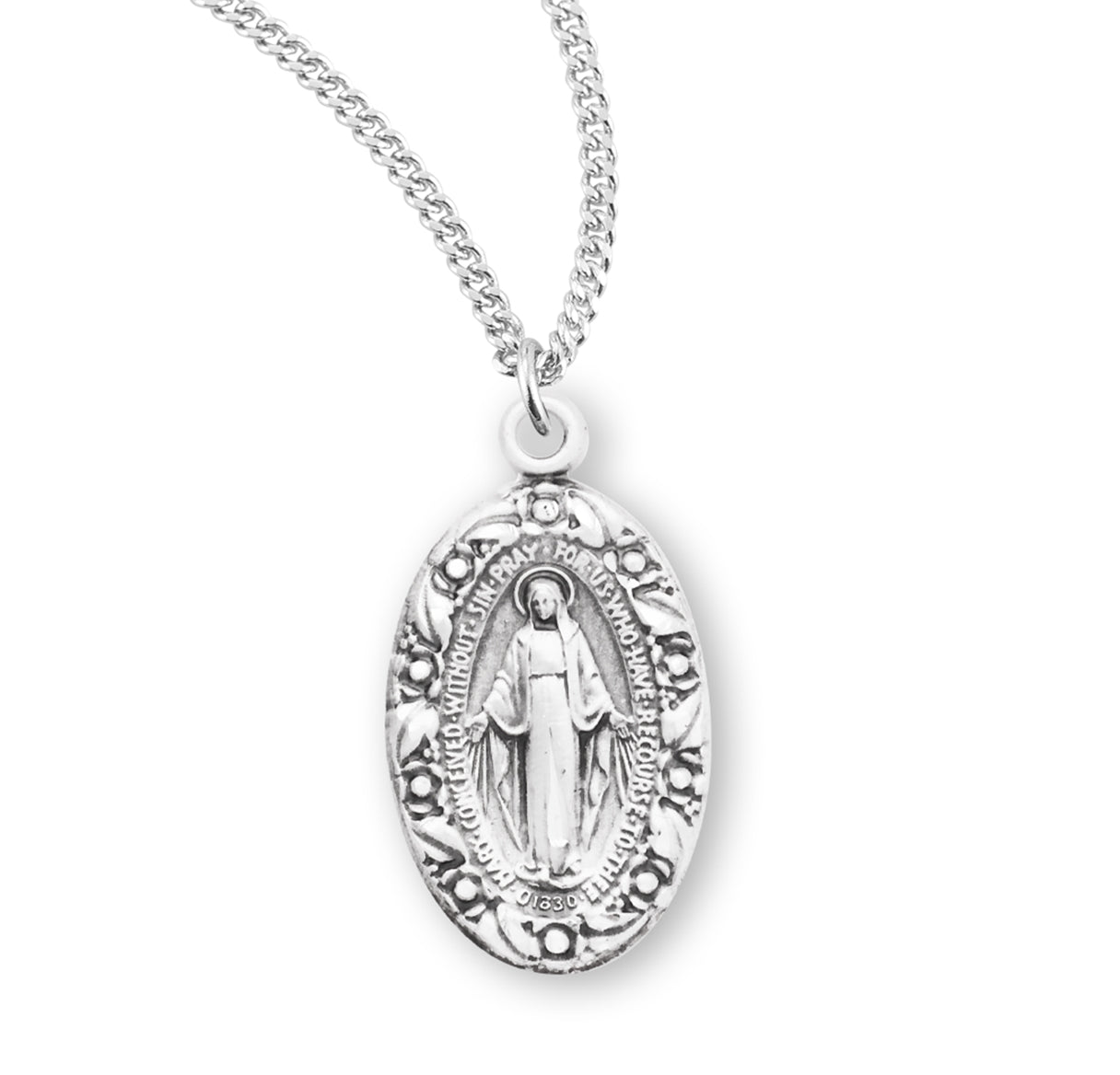 Sterling Silver Oval Miraculous Medal Pendant with Chain