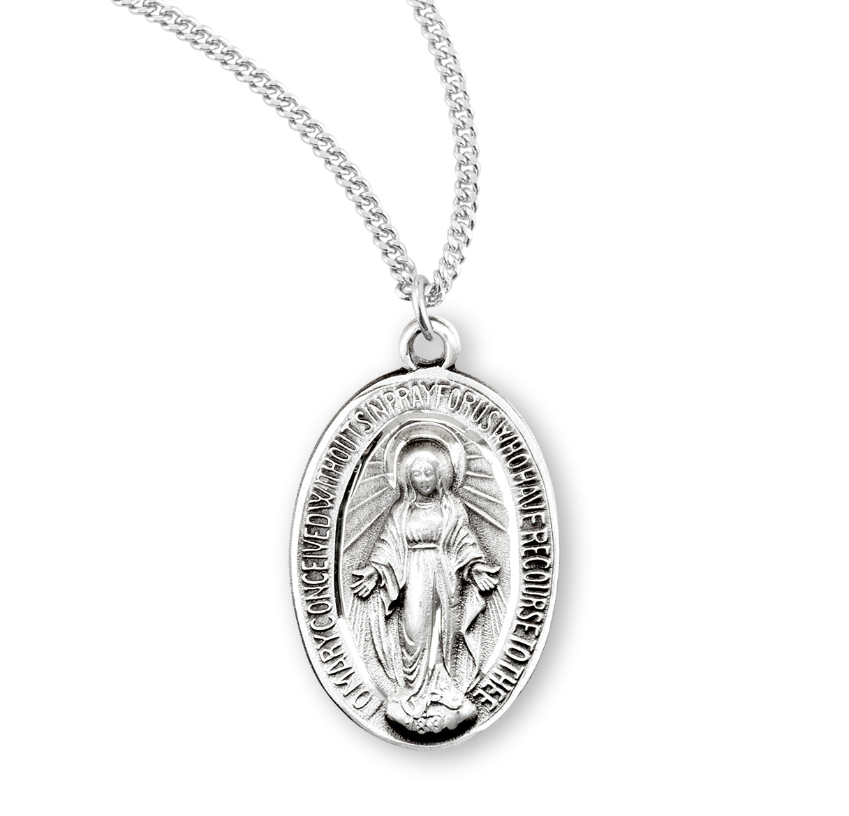 Sterling Silver Oval Miraculous Medal Pendant with Chain