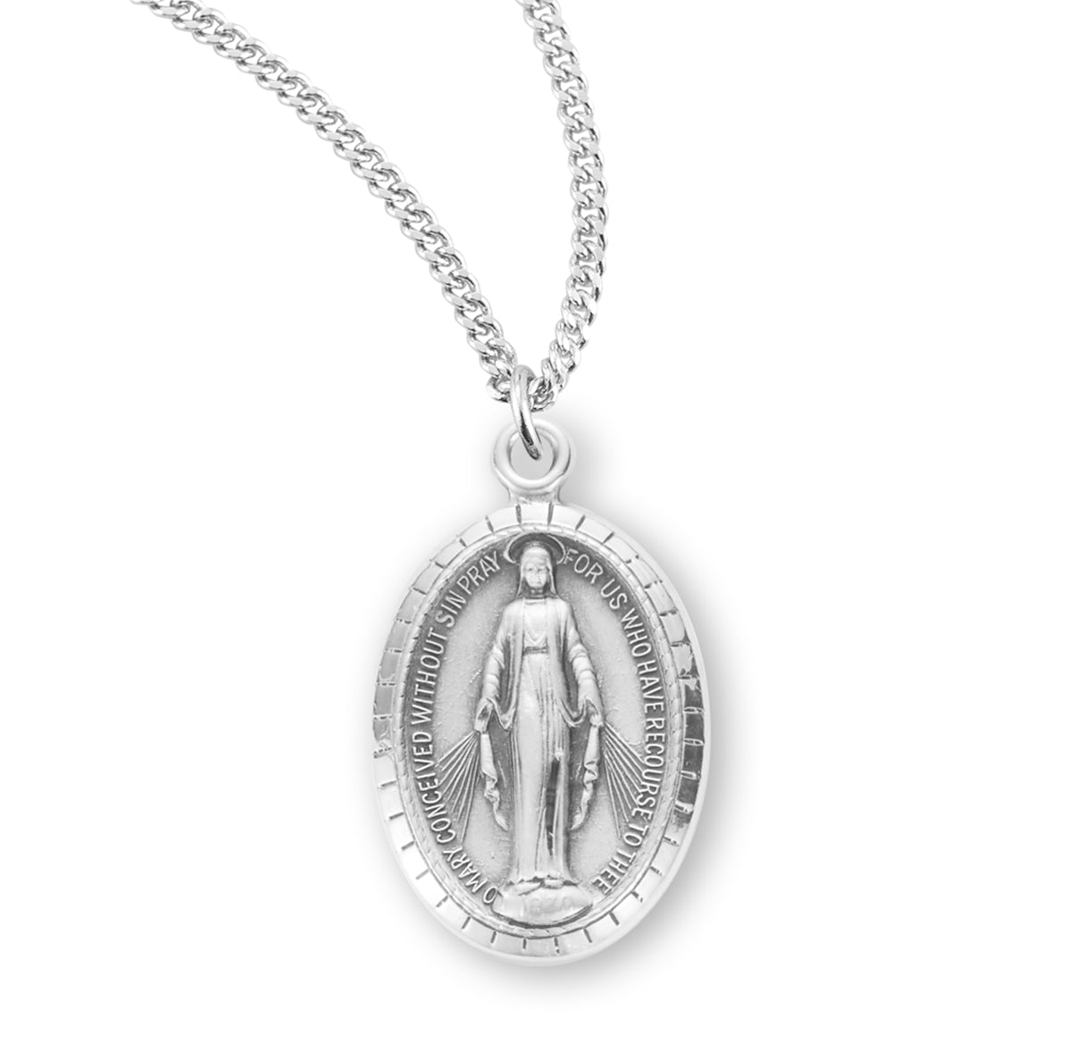 Sterling Silver Oval Miraculous Medal Pendant with Chain
