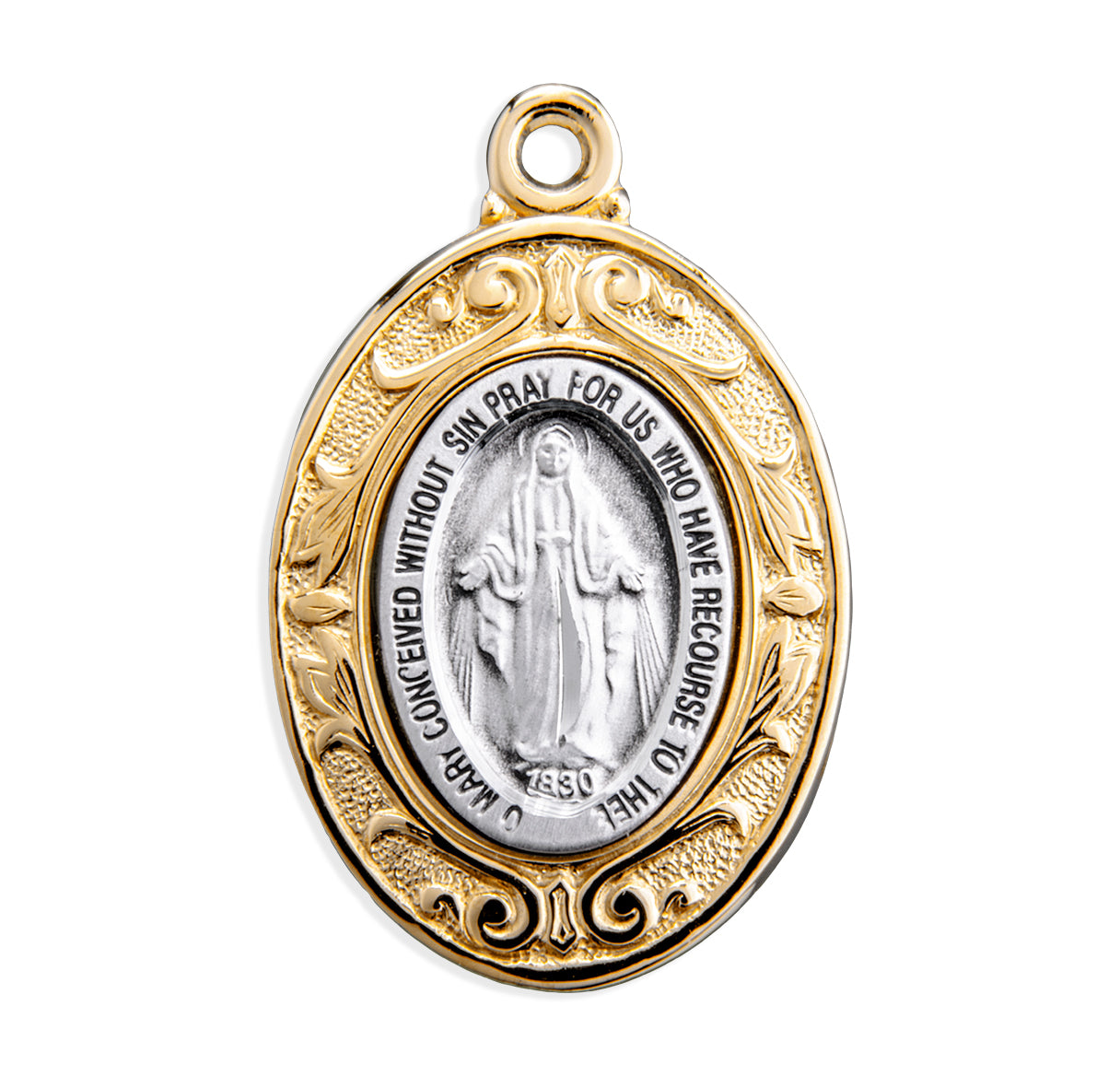 Gold Over Sterling Silver Miraculous Medal with Rhodium Plated Sterling Silver Border