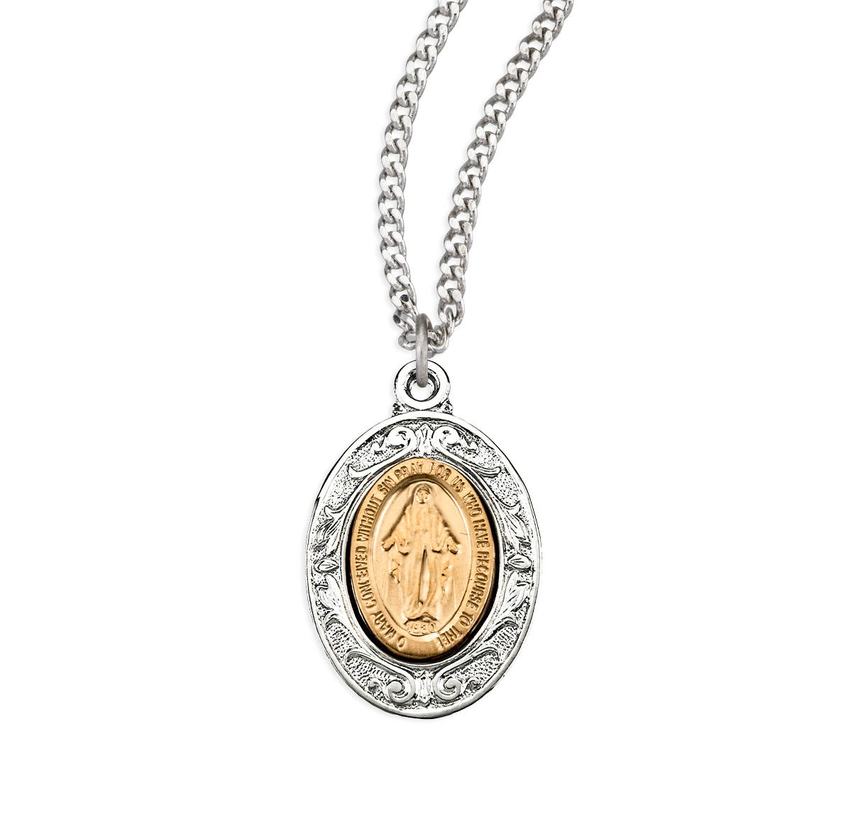 Gold Over Sterling Silver Miraculous Medal with Rhodium Plated Sterling Silver Border