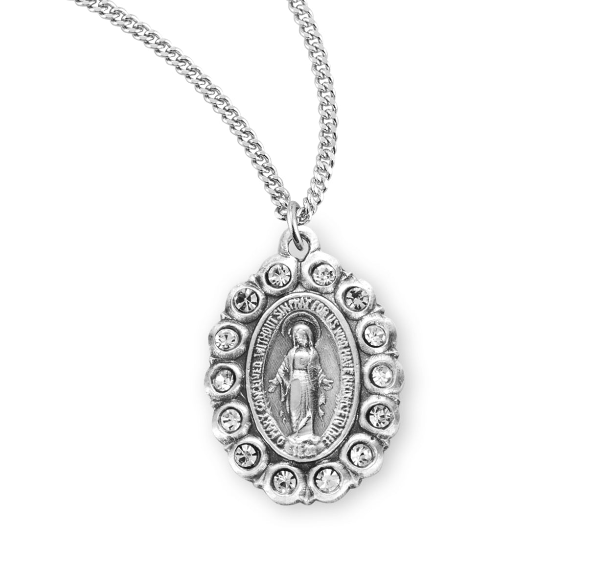 Sterling Silver Oval Miraculous Medal Pendant with Chain Set with Clear Crystals